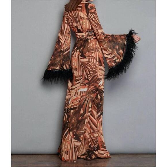 BRONX AND BANCO Geisha 
Kenya Kimono Dress in Printed Silk with Ostrich Feathers - Picture 5 of 6
